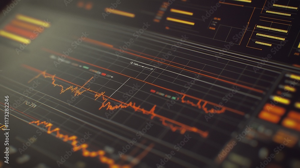 Poster Close-up of a computer screen displaying financial data, stock market graphs, and charts with orange lines on a dark background.