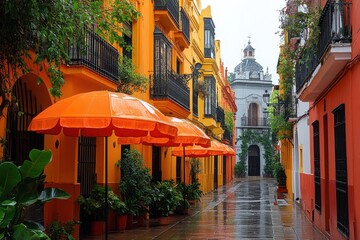 Vibrant alleyway with orange umbrellas and colorful buildings in a rainy historic district