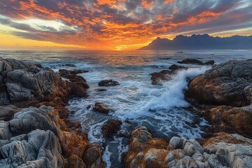 Obraz premium Majestic wave crashing at sunset coastal shoreline nature photography vibrant environment dramatic viewpoint ocean serenity