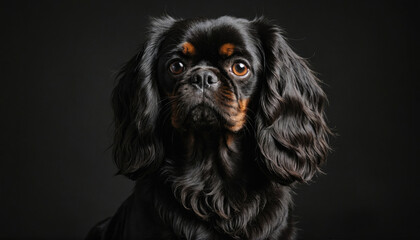 Black dog with long fur striking a pose against a dark background during a studio shoot
