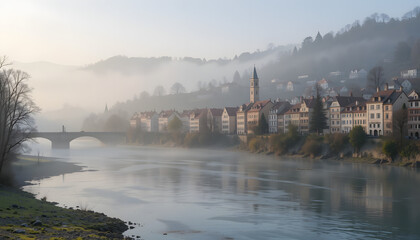 Naklejka premium Misty river flowing past historic town with bridge and buildings on a foggy morning