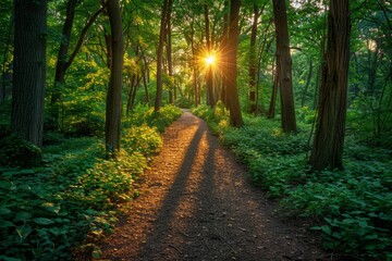 Fototapeta premium Sun beams through the leaves of a forest path. AI generative. .