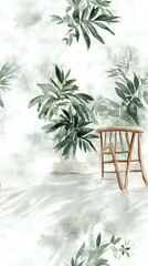 Fototapeta premium Serene watercolor painting of a wooden chair amidst lush green foliage. Perfect for home decor, wallpaper, or design projects.