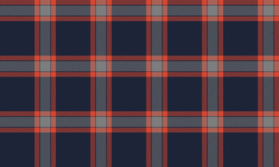 Plaid fabric pattern, navy blue, orange, gray, beautiful seamless lattice cross lines for textiles, and for designing clothes, skirts or decorative fabrics. Vector illustration.