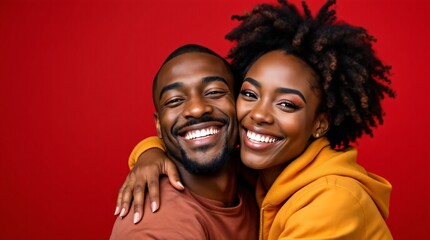 Smiling African American couple embracing on red background. Smiling man and woman in casual clothes. Love and relationship concept. Happy Valentine's Day concept with copy space
