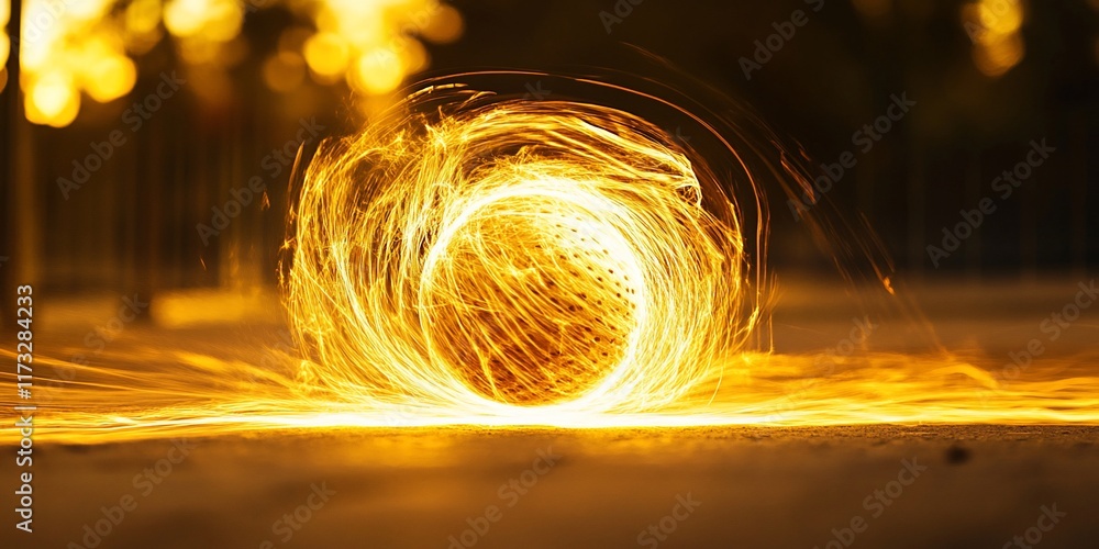 Poster fiery sphere rolling on the ground, creating a trail of sparks and fire.
