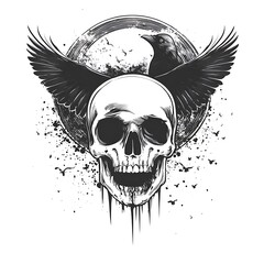 Raven with spread wings behind skull with dark grungy splatter circle.