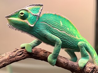 Obraz premium A vibrant green chameleon is elegantly perched on a branch, displaying its unique textures and striking colors in a calm and serene indoor environment