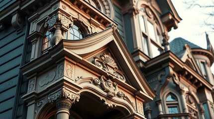 Architectural Details of Ornate Victorian-Era Building Facade
