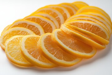 Vibrant high-detail macro shot showcases sliced citrus fruit arranged in a circular pattern, capturing the vivid colors and intricate textures of oranges in a bright setting