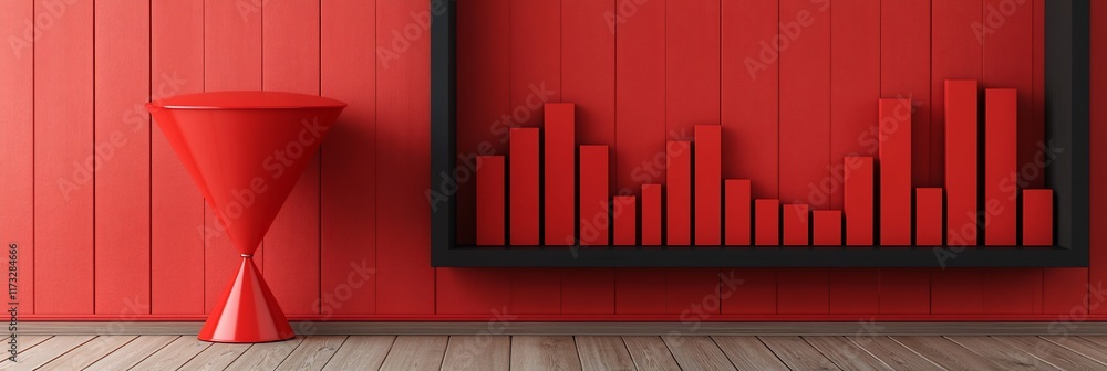 Poster red minimalist interior with hourglass-shaped stool and bar chart on shelf.