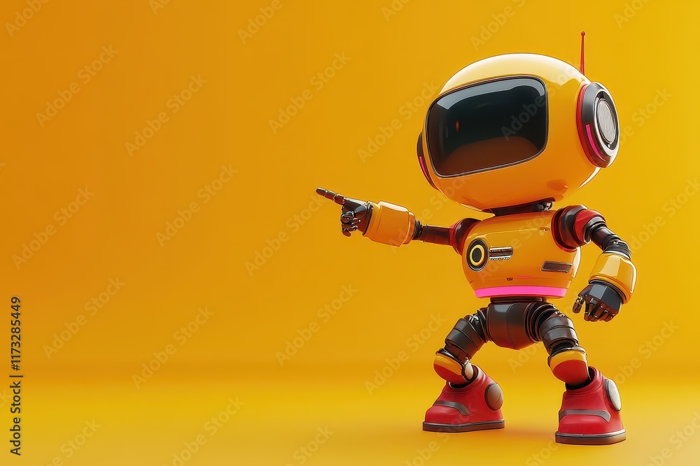 Poster bright yellow robot with a playful pose pointing in a cheerful environment