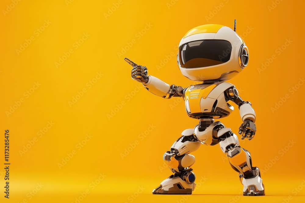 Poster robot character with shiny yellow design striking a pose and pointing against a vibrant orange backd