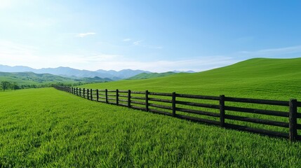 Fototapeta premium Tranquil Grassy Field with a Rustic Wooden Fence Framing the Landscape Surrounded by Lush Greenery and Rolling Hills Under a Clear Blue Sky