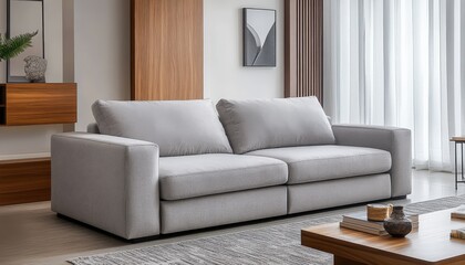 Fototapeta premium Modern Gray Sofa in Minimalist Living Room Interior Design