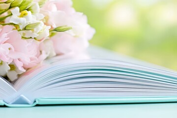 Open book resting on a flat surface with delicate pastel flowers softly blurred in the background,...