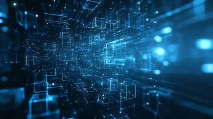 Obraz premium Digital data stream, network tunnel, glowing cubes, abstract background, tech concept.