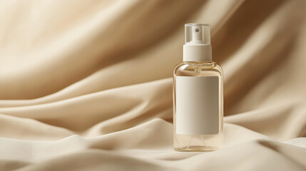 Naklejka premium Clear toner spray bottle with a cream label and nozzle, placed on beige fabric with a soft glow, perfect for elegant and natural skincare branding