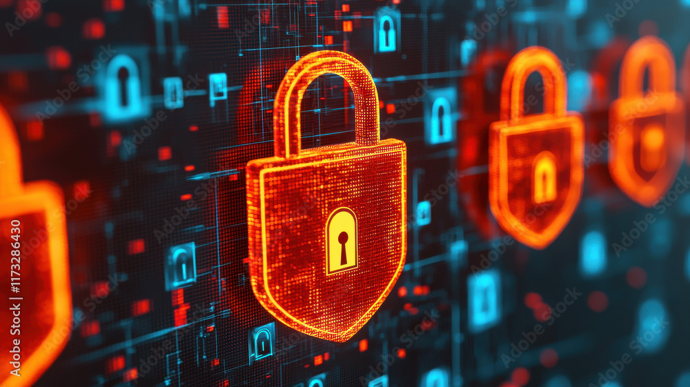 Poster global impact of cybersecurity concept, digital security concept with glowing padlocks and data patt