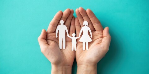 A pair of hands cradles paper cutouts of a family, symbolizing love, protection, and unity against a vibrant turquoise background.
