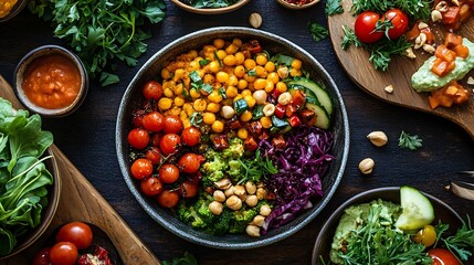 Elevated plant-based meals with vibrant veggies and innovative techniques, presented in a visually stunning and health-focused manner