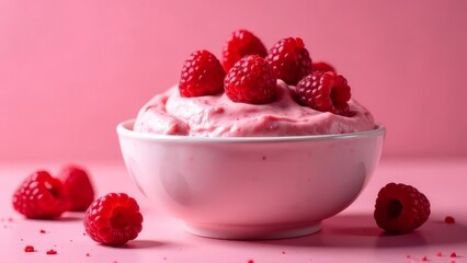 raspberry in a glass. Raspberry dessert in a bowl with pink background and fresh berries. Romance. Valentine's Day