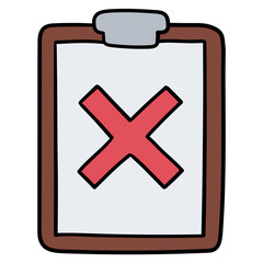 Fototapeta premium Hand drawn cartoon clipboard with red cross on white background.