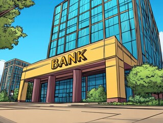 Modern bank building designed in a cartoon style with a bright yellow facade and large glass windows located in a vibrant urban setting