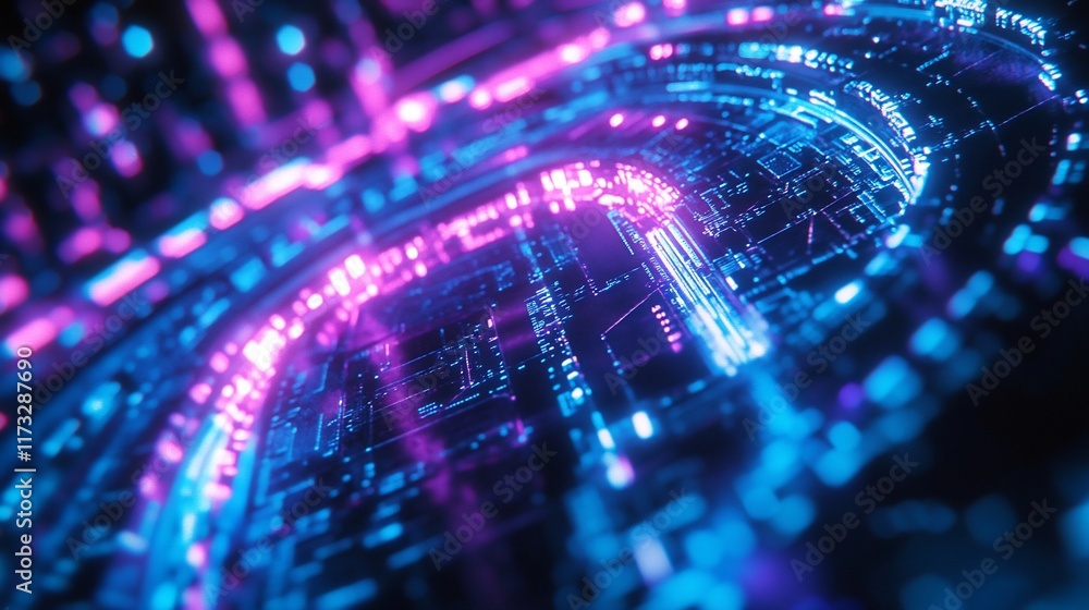 Poster abstract digital swirl with glowing neon lines and circuits.