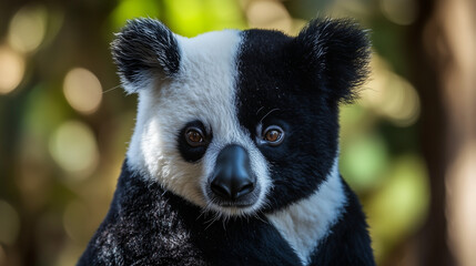 Obraz premium A black-and-white panda with expressive eyes on a natural blurred background