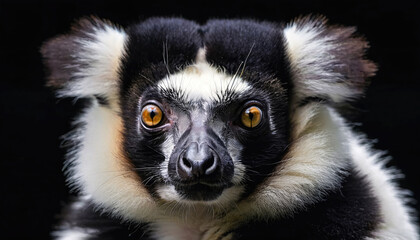 Naklejka premium Unique close-up of a lemur with striking features and vivid eyes against a dark background