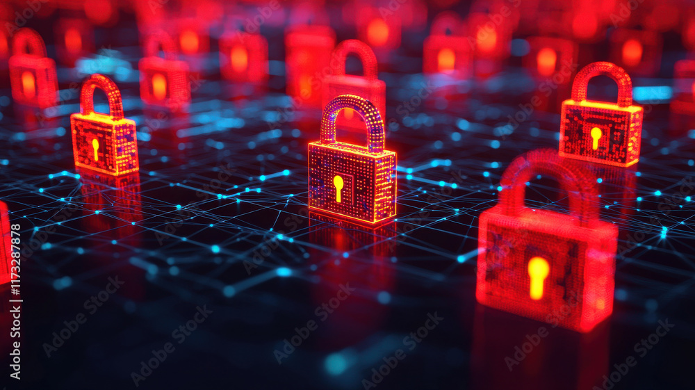 Poster global impact of cybersecurity concept, abstract representation of digital security with glowing loc