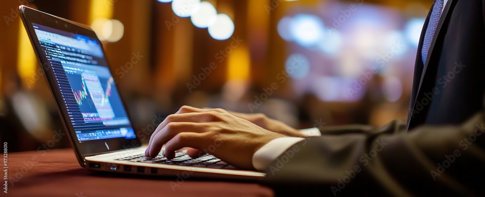 Poster Close-up of hands typing on laptop displaying graph in blurred conference background.