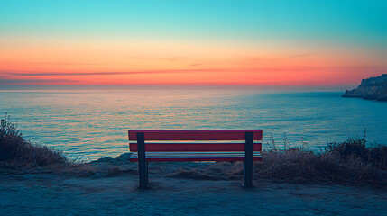 A melancholic photography of an empty bench overlooking a vast, calm ocean, with the horizon stretching endlessly, bathed in soft hues of pink and blue.