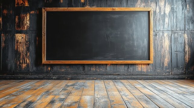 Blank chalkboard on rustic wooden floor with weathered wall, perfect for creative writing or classroom notes in a warm, inviting atmosphere