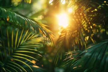 Green palm leaves with blurred sunbeams in the background. AI generative. .