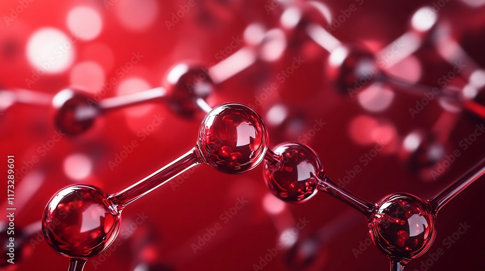 Poster Abstract red molecular structure. Close-up view of interconnected spheres and rods, representing atoms and bonds in a 3D model.