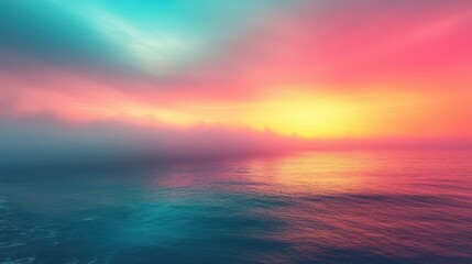 Obraz premium The mesmerizing sunset paints the sky with a stunning blend of soft teal and vibrant shades, casting a beautiful reflection over the tranquil waters near the horizon