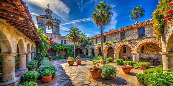 Historic Mission Bells in Sun-Drenched Courtyard, San Juan Capistrano, California