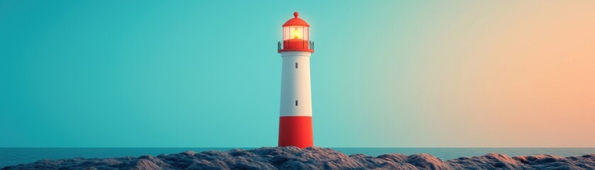 A vibrant lighthouse stands tall against a serene ocean backdrop, illuminated by the soft glow of the sunset.
