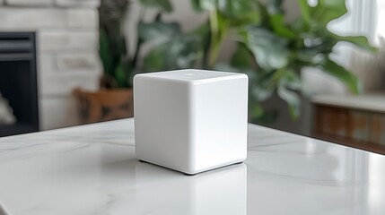 White cube object on marble table.
