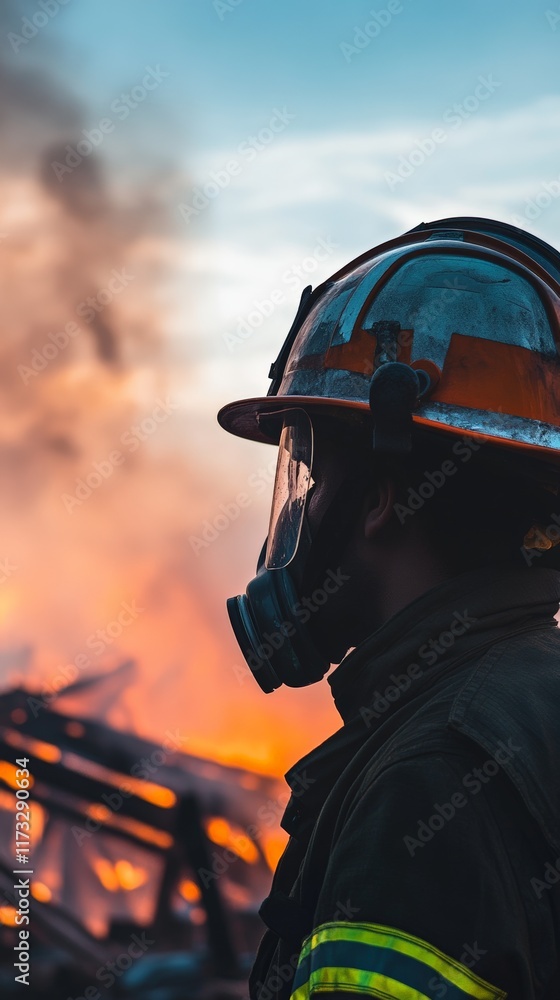 Poster firefighter wearing a helmet and breathing apparatus stands vigilantly near a burning building at du