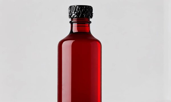 A small red glass bottle with a black cap, likely for liquid storage or presentation.
