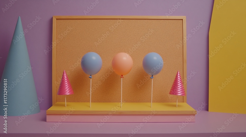 Poster three pastel balloons and two cones on a platform against a corkboard background.