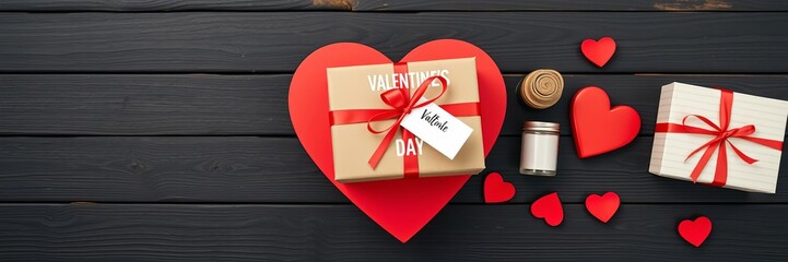 Valentine's Day themed flat lay arrangement with red gift box and essential items on rustic black wood, red shape, background