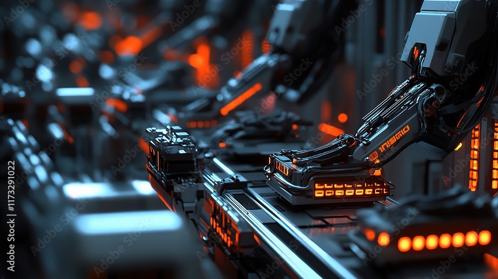 Poster high-tech machine assembly line close-up in futuristic factory