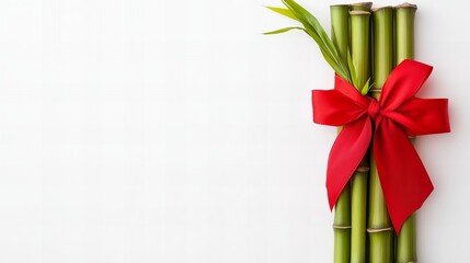 Green bamboo stalks tied with a vibrant red ribbon, creating a festive and natural composition.