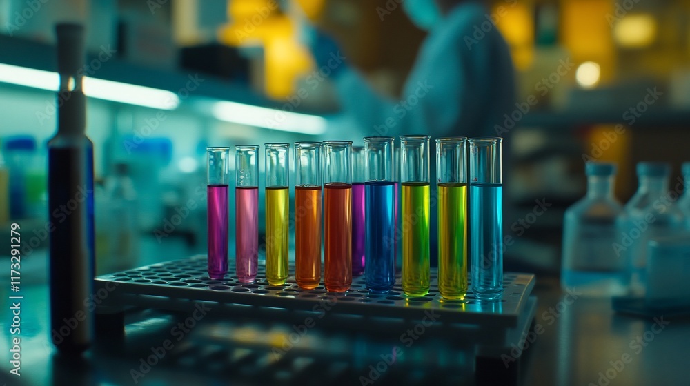 Aufkleber colorful liquids in test tubes on a lab table, scientist blurred in background.
