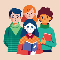 Young people reading together. Group of male and female students with open books in hands. Man and woman characters study in library. Education concept. Flat cartoon vector illustration isolated