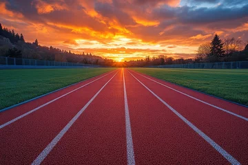 Gordijnen Sunset over a running track in a serene outdoor location near forest and mountains © Tanu